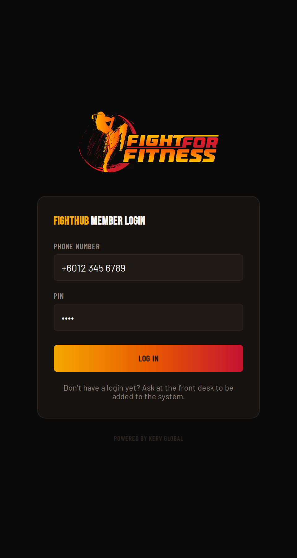 FightHub member login screen