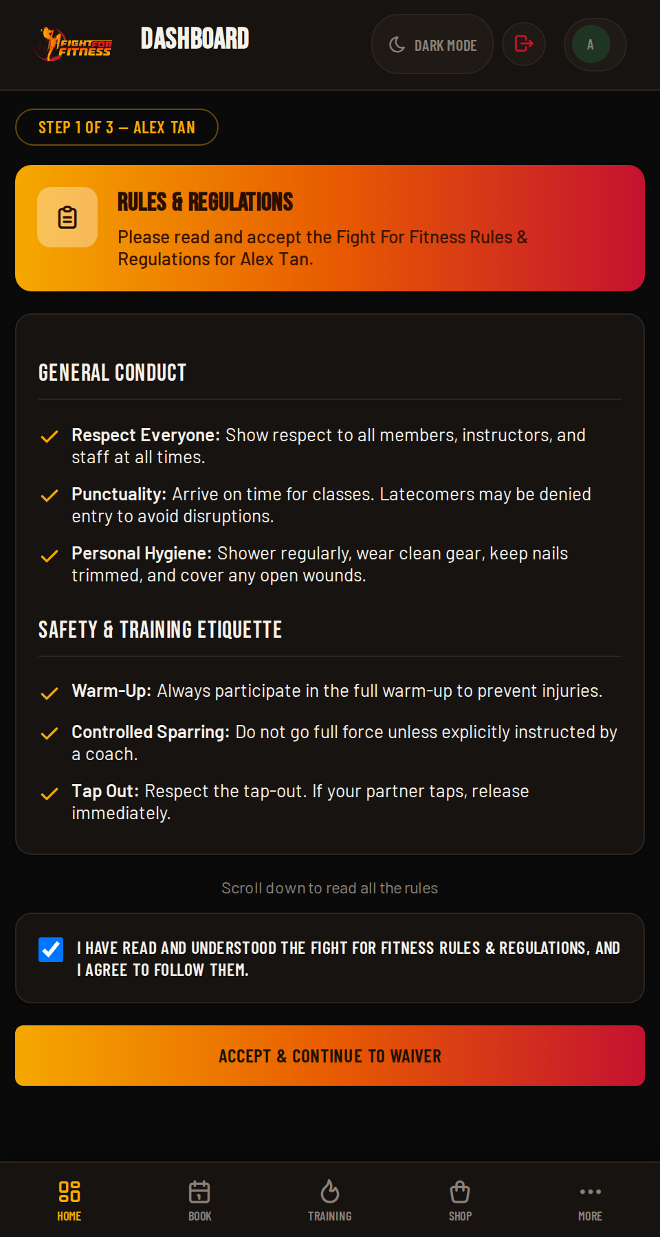 FightHub Rules & Regulations acceptance screen