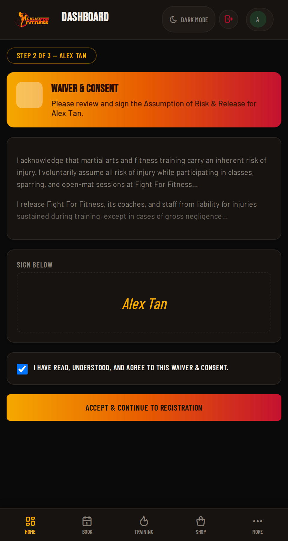 FightHub Waiver & Consent screen