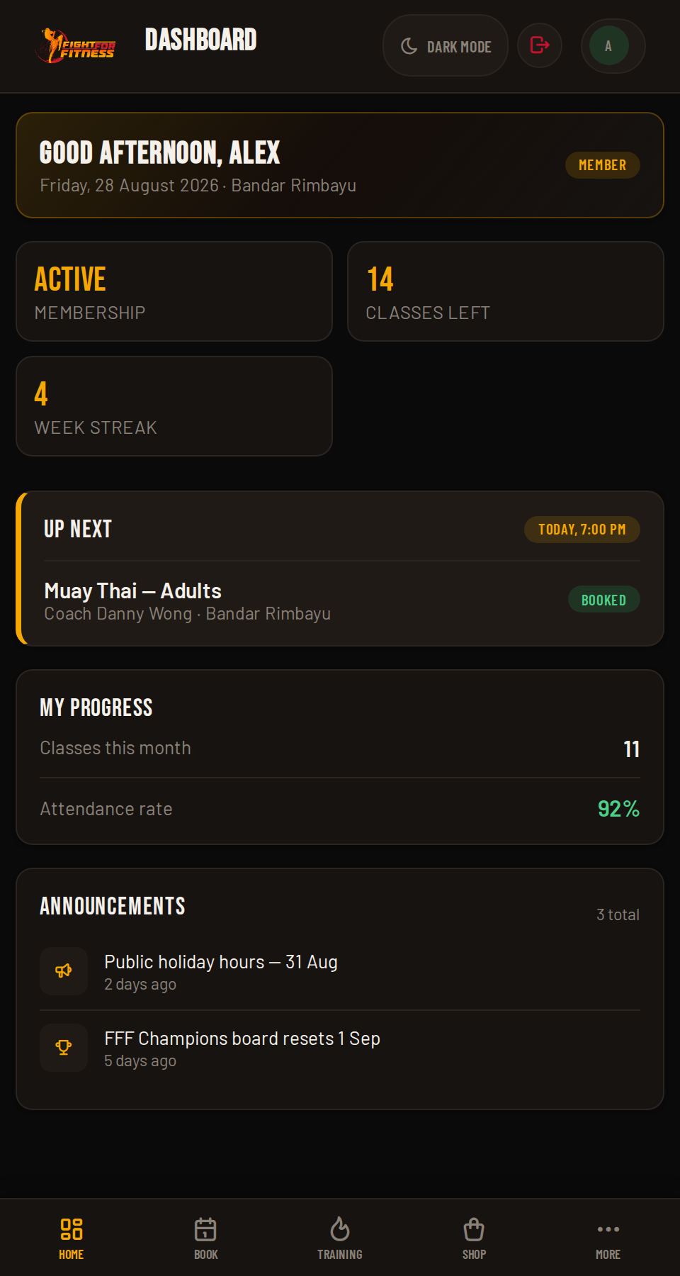 FightHub member dashboard