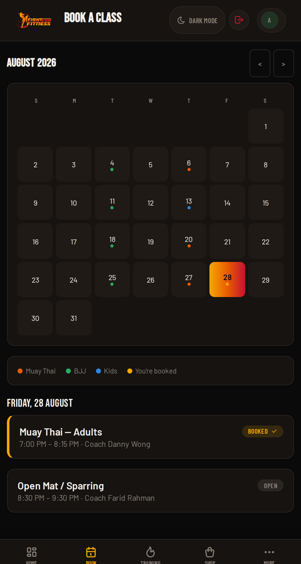 FightHub month calendar view