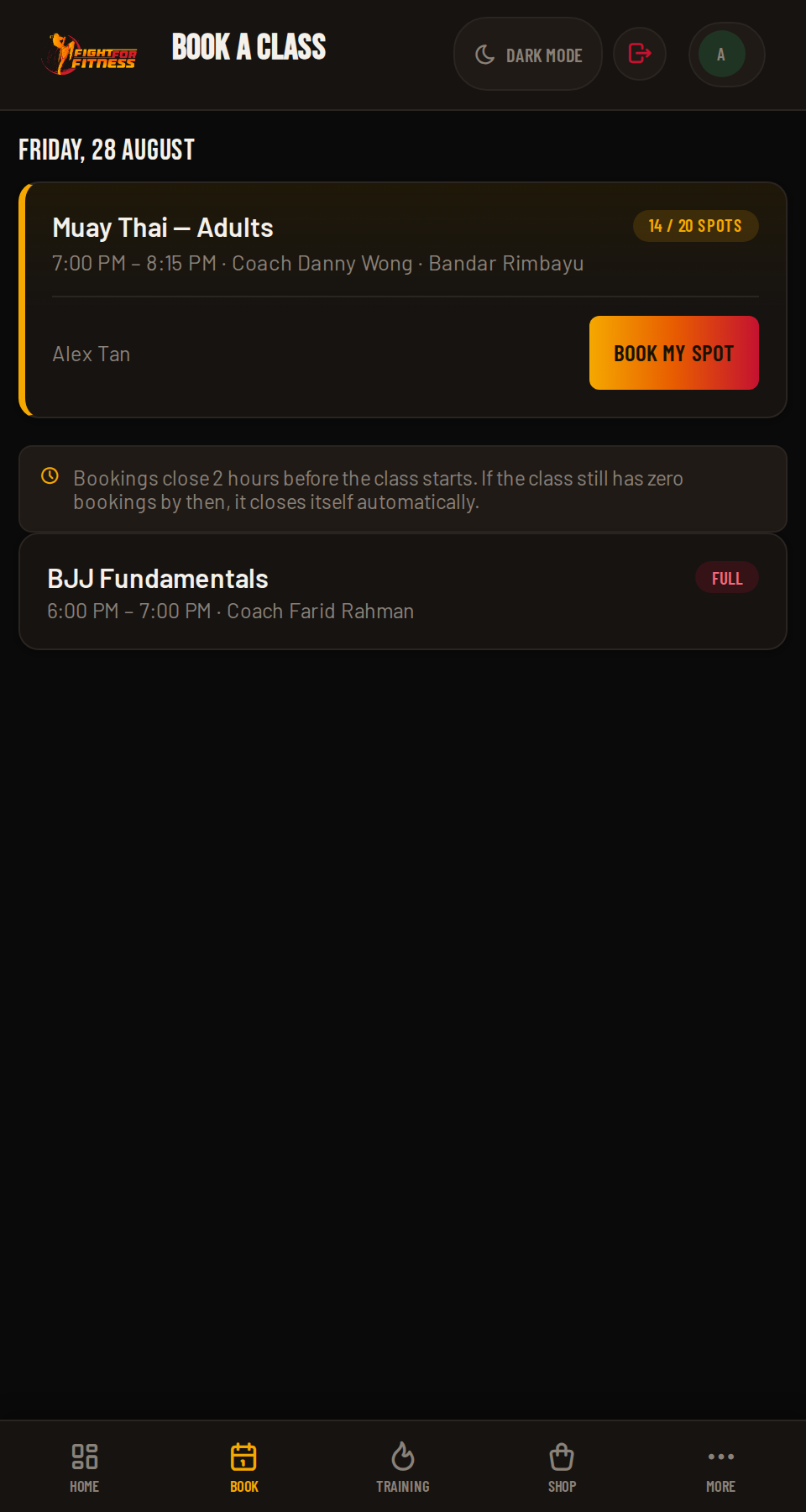 FightHub booking a class