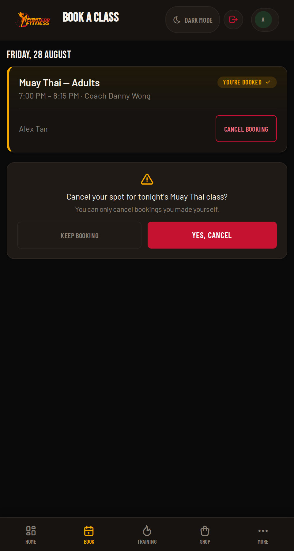 FightHub cancel a booking