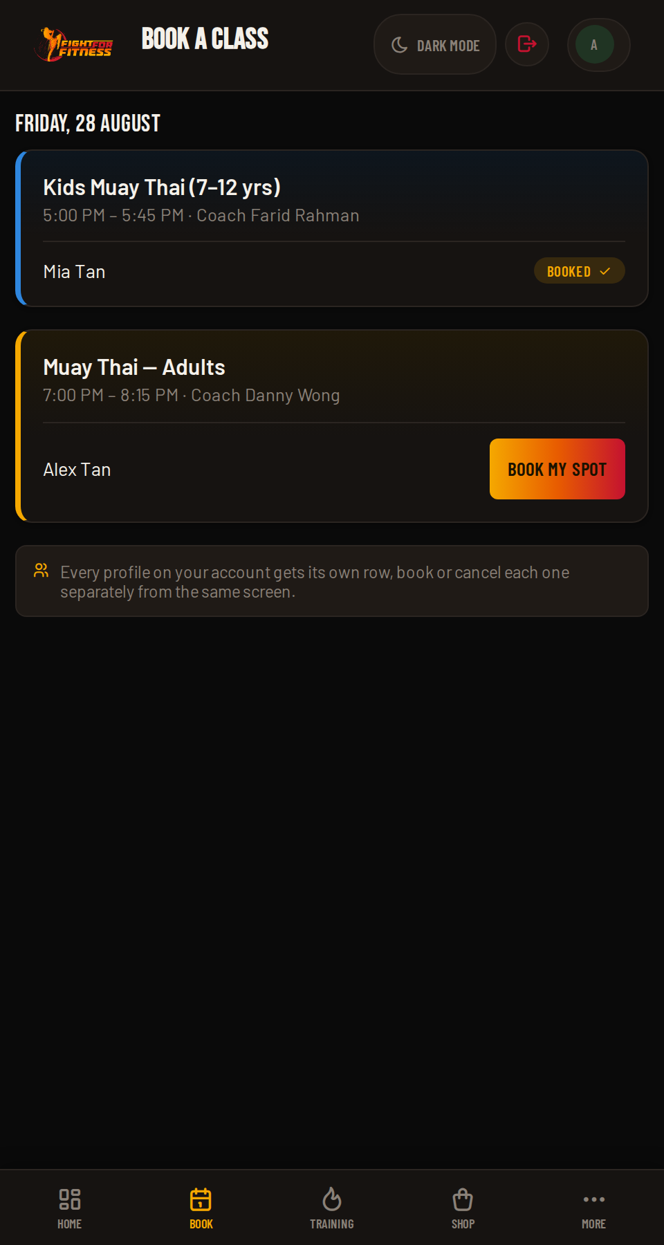 FightHub family booking, one row per profile
