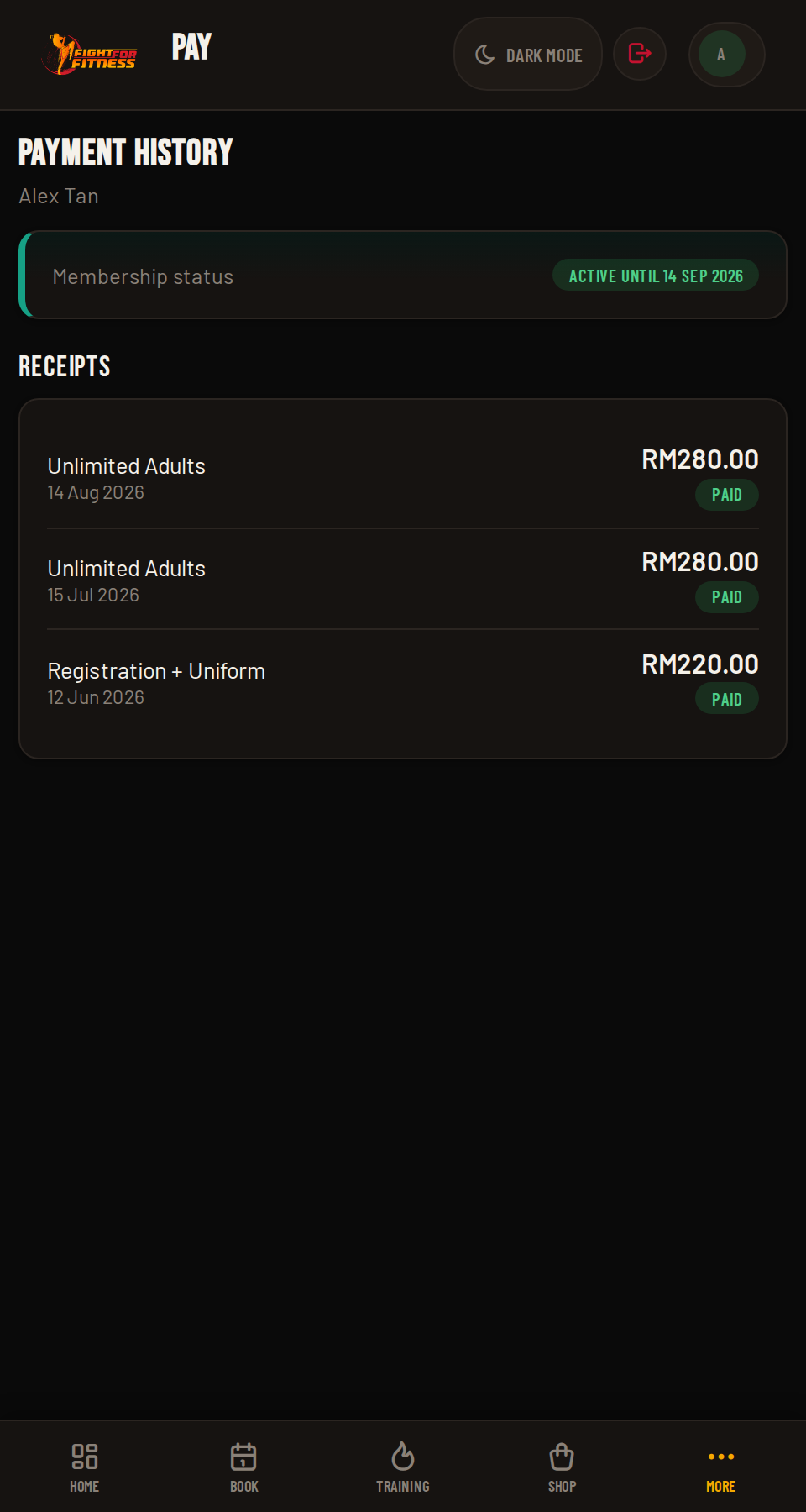 FightHub payment history and receipts