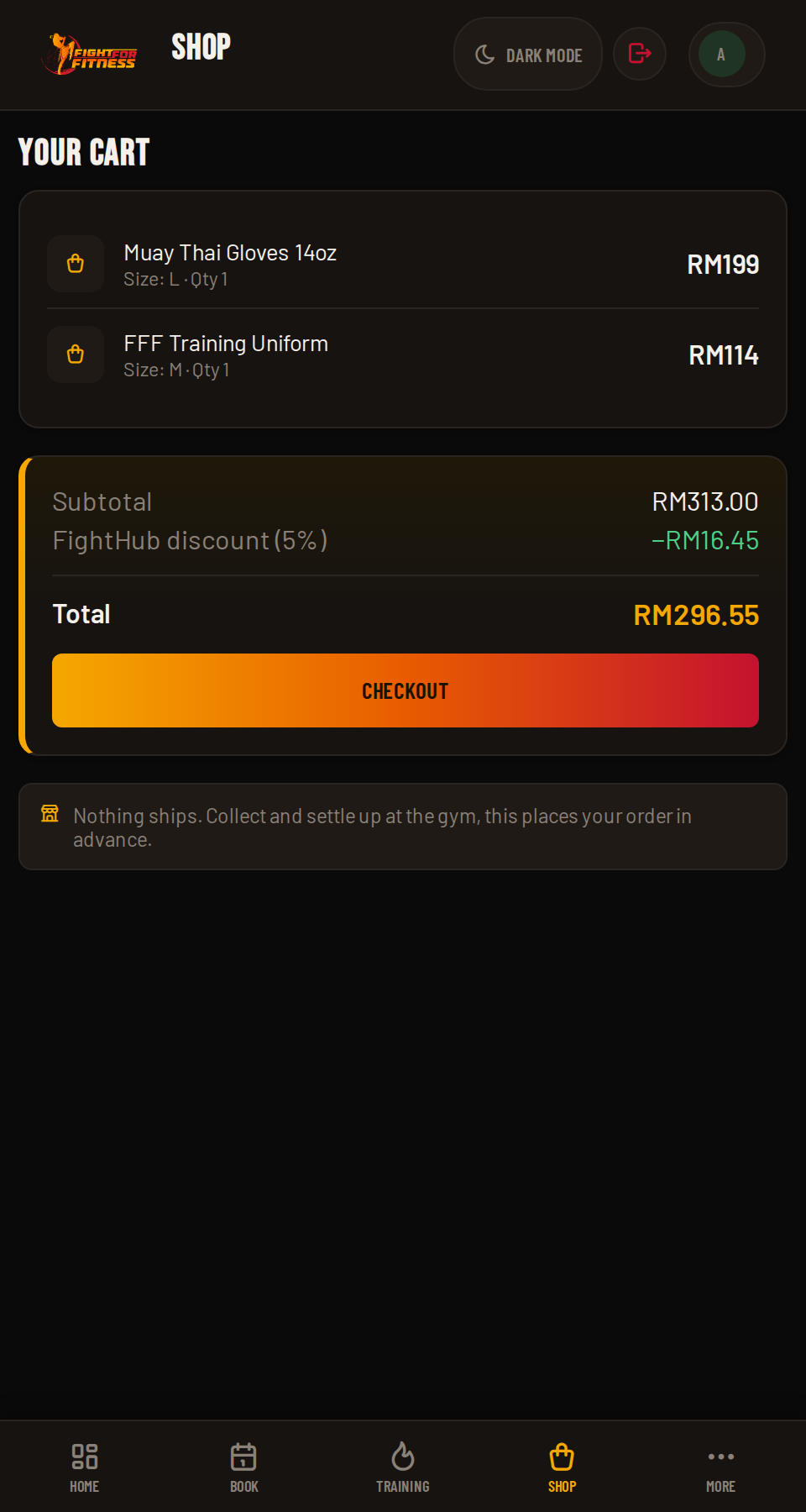 FightHub cart and checkout