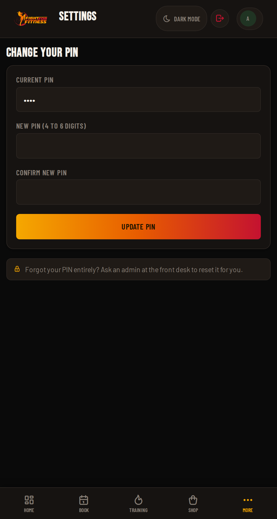 FightHub change PIN screen