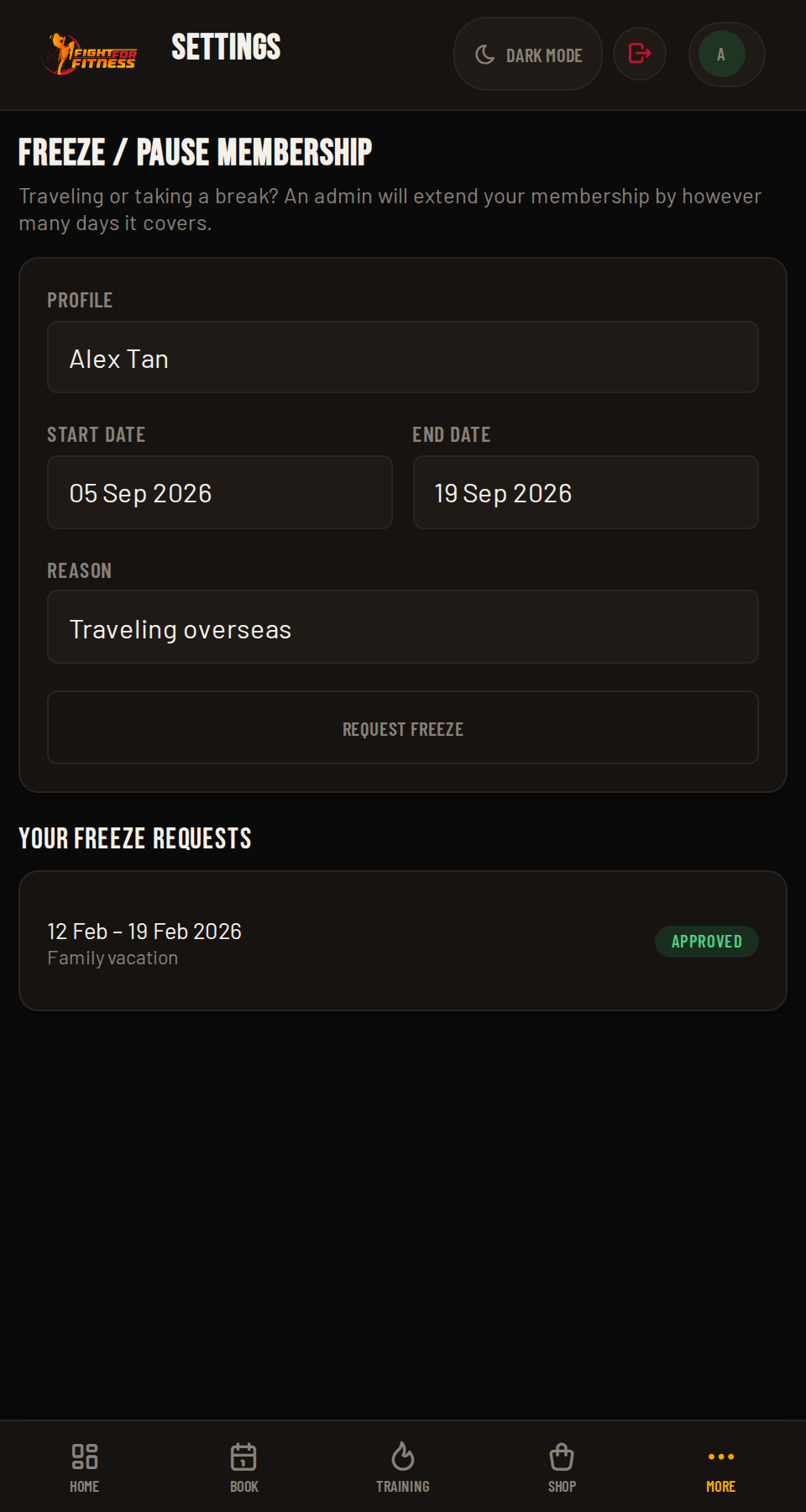 FightHub freeze membership screen