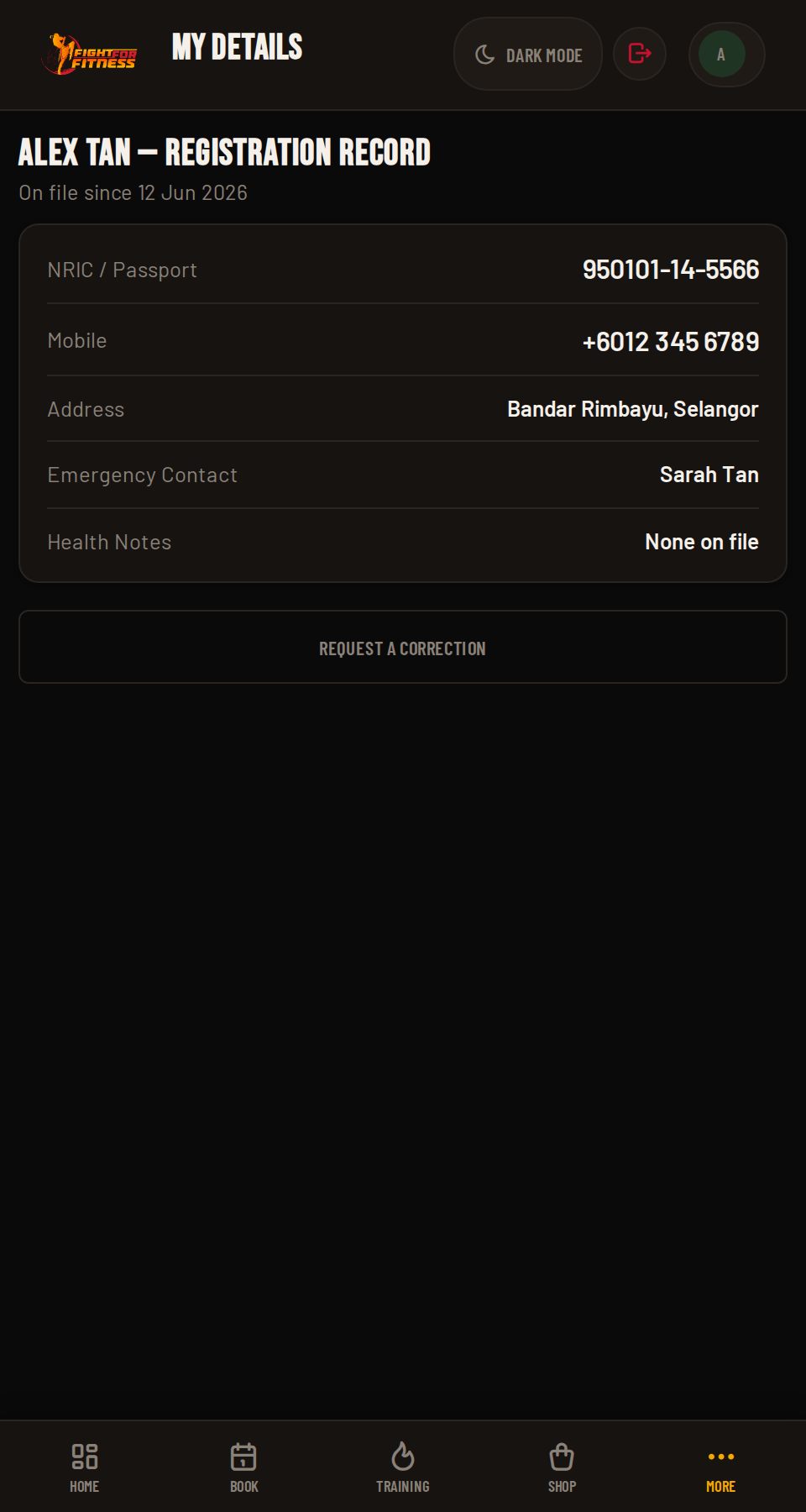 FightHub My Details / registration record