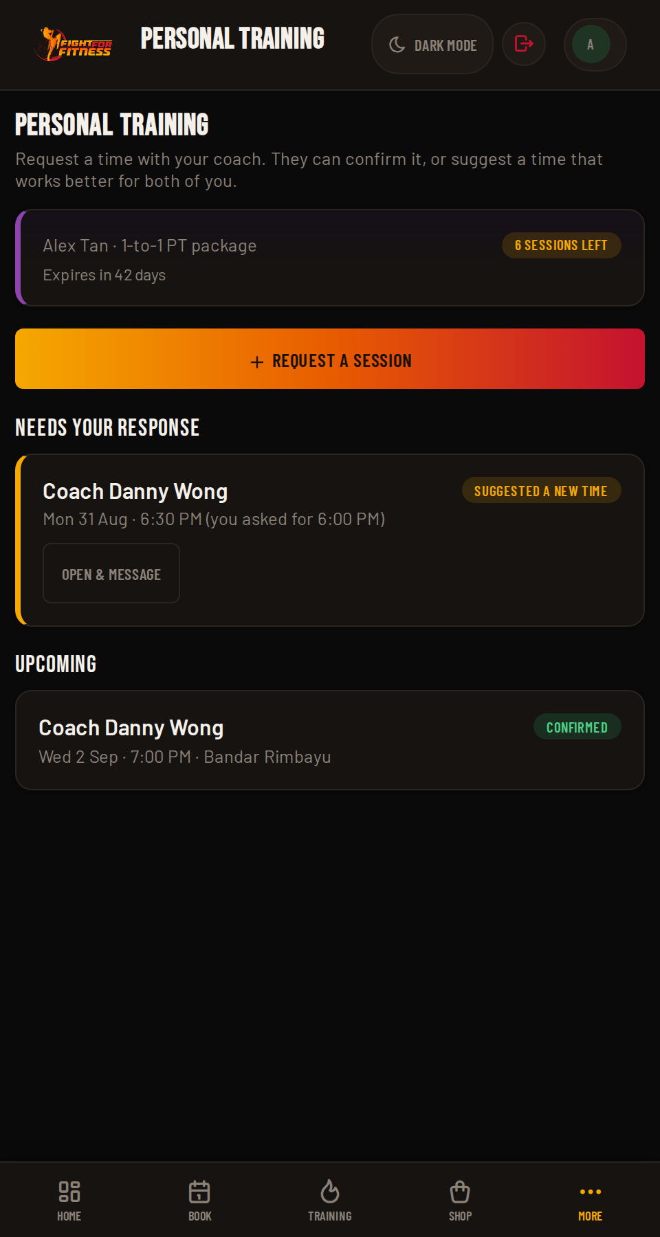 FightHub Personal Training, sessions remaining and coach negotiation