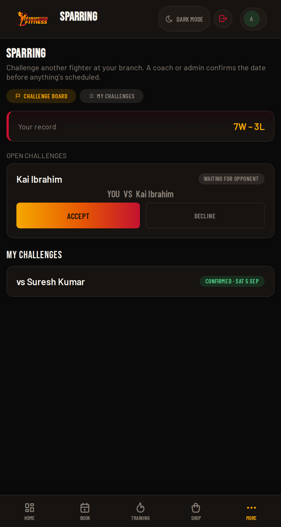 FightHub Sparring Challenge Board and record