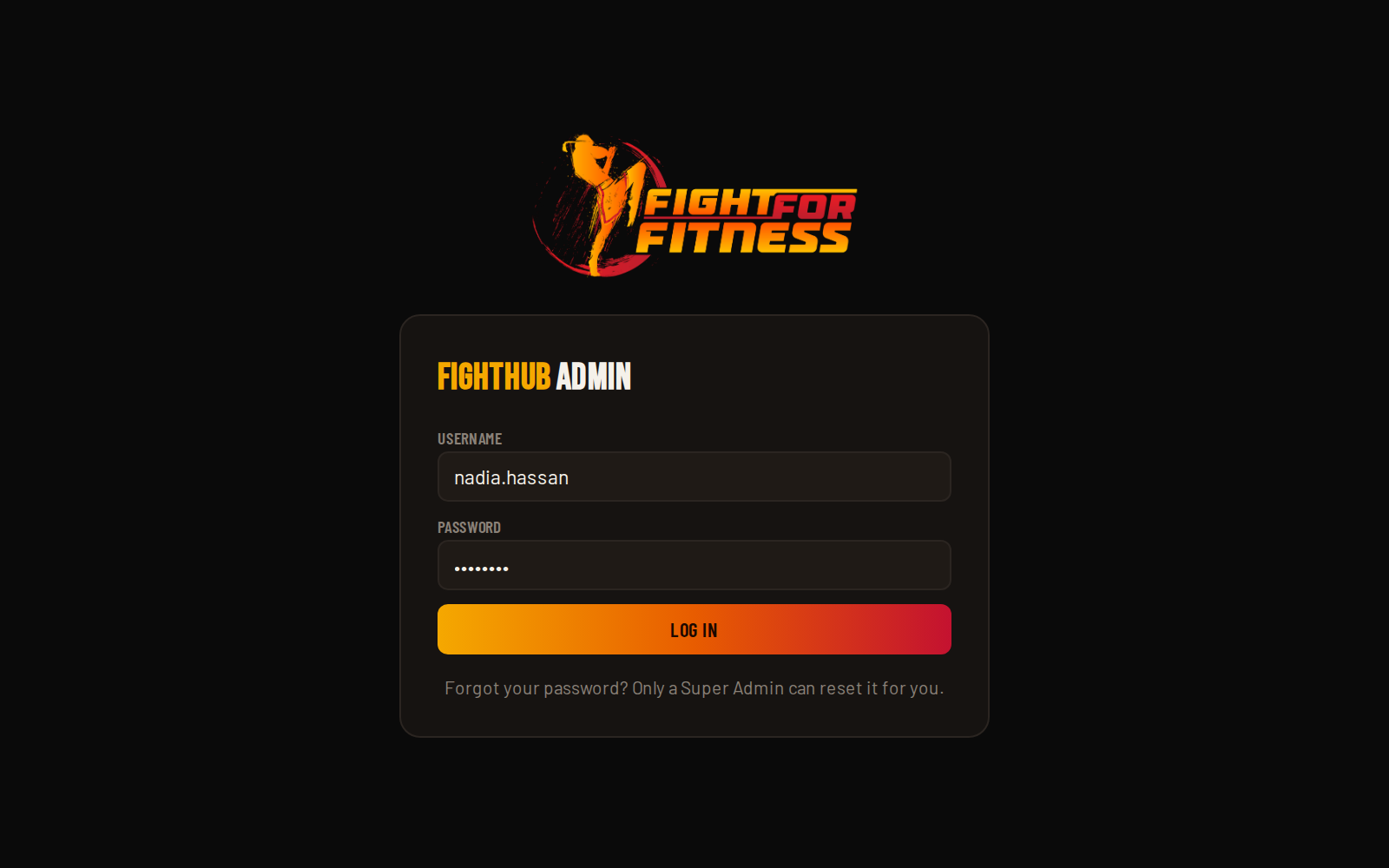 FightHub Admin login screen