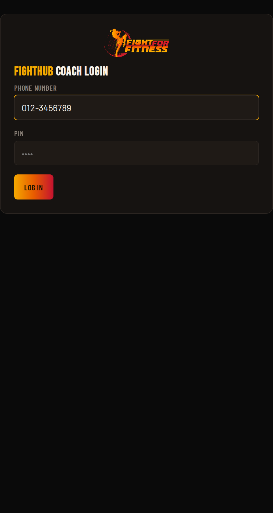 FightHub Coach login screen