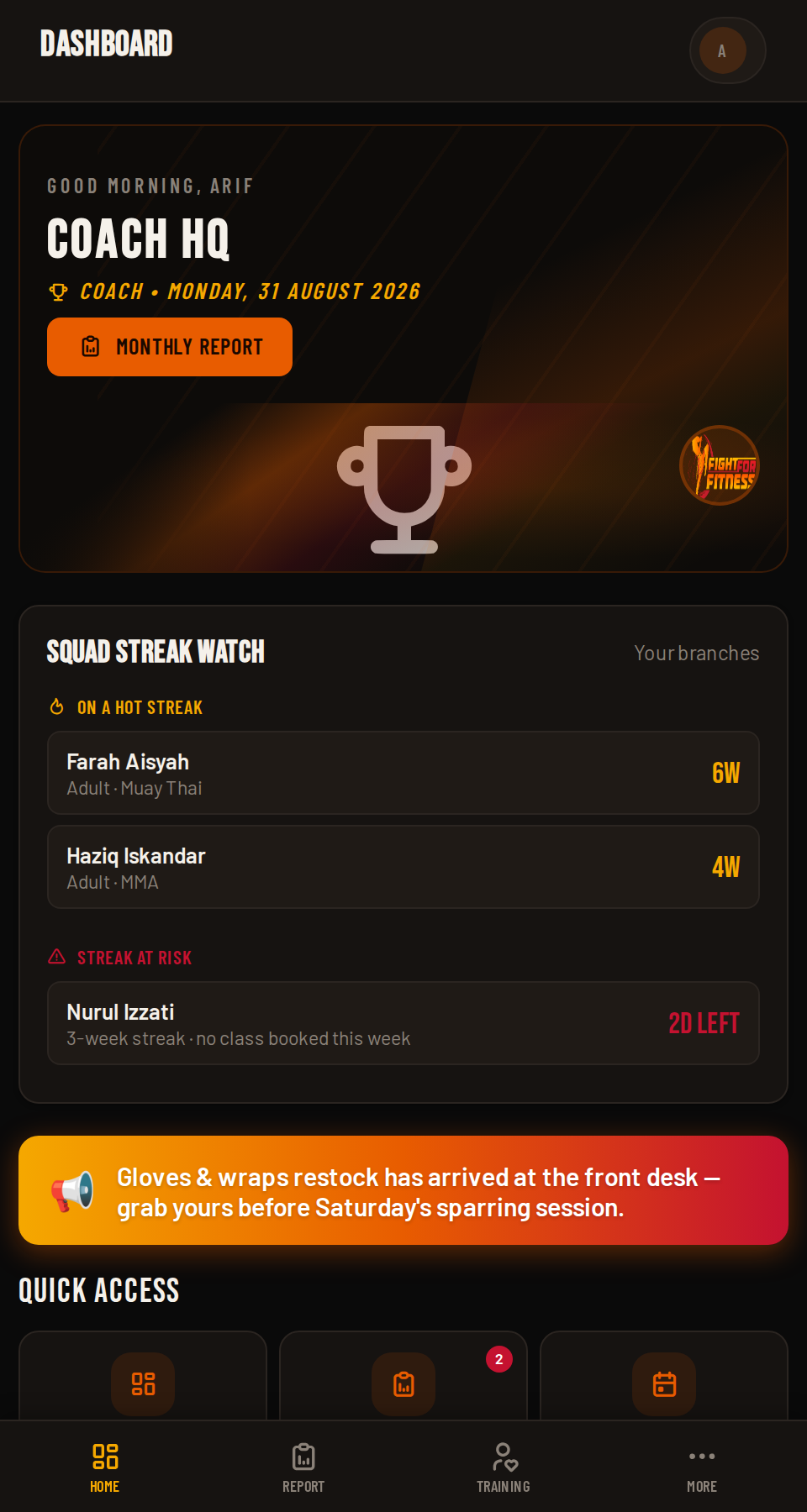 Coach HQ dashboard overview