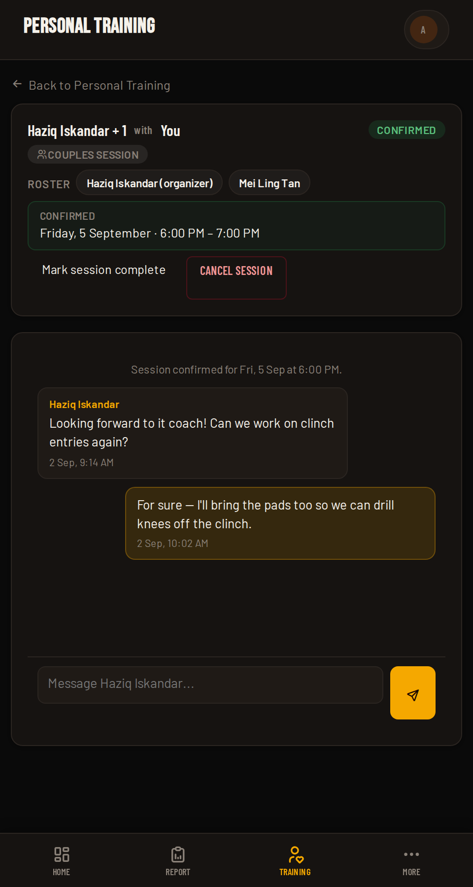 Personal Training session thread in Coach HQ