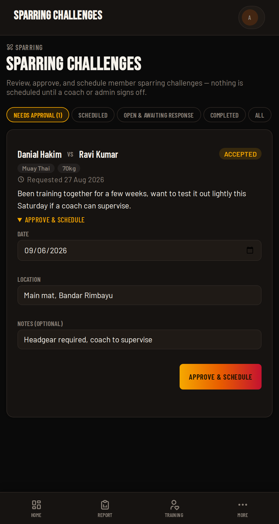 Sparring Challenges in Coach HQ