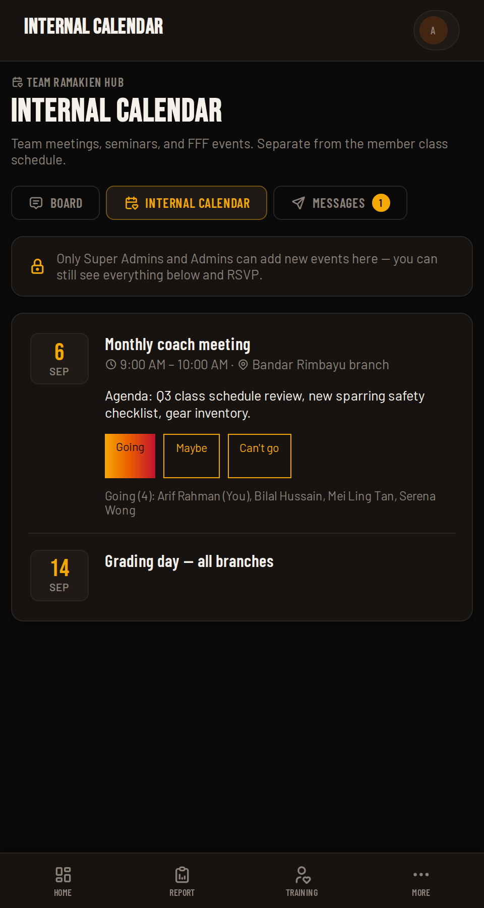 Internal Calendar in Coach HQ