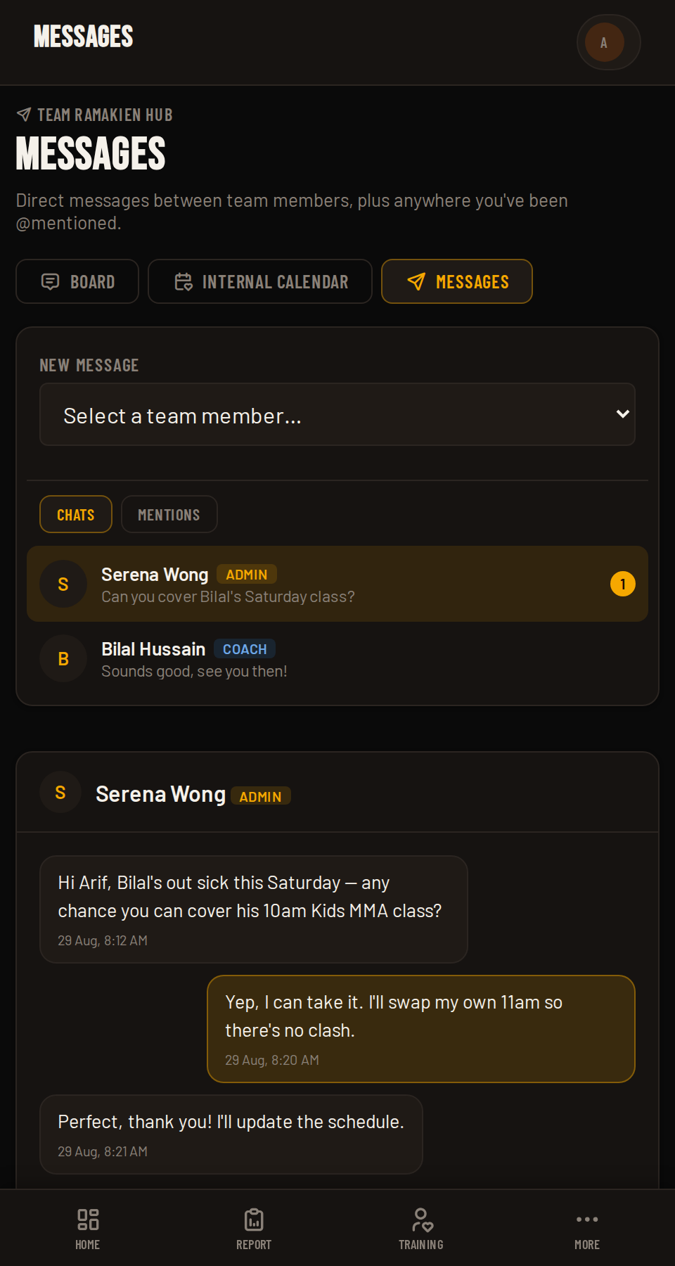 Messages in Coach HQ Team Ramakien Hub