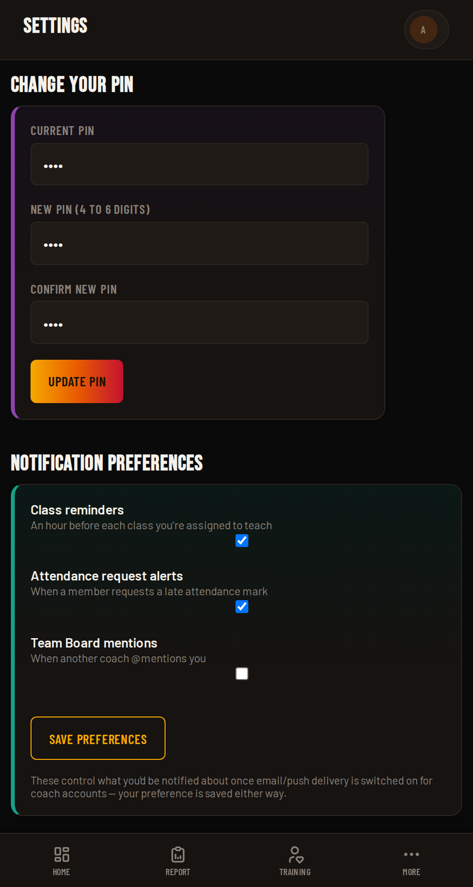 Settings page in Coach HQ